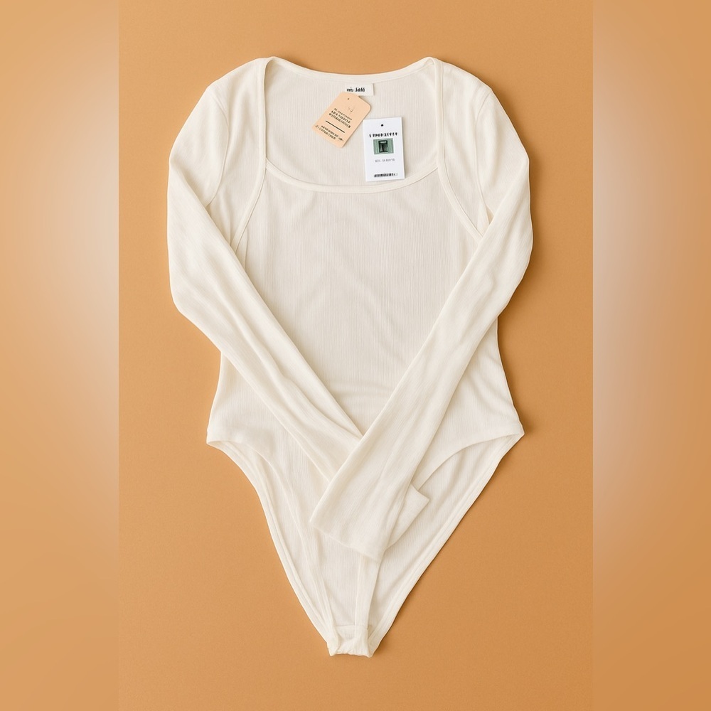 Self Esteem Bright White Ribbed Long Sleeve Bodysuit L NWT